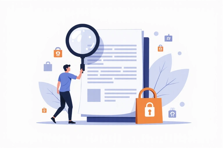 Ilustrace dokumentu s textem a lupou, symbolizující transparentnost a kontrolu