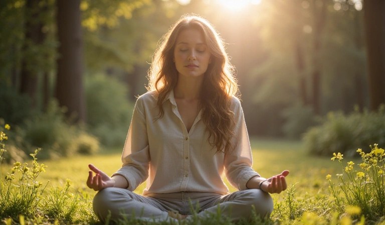 Žena meditující v klidném prostředí, symbolizující duševní pohodu