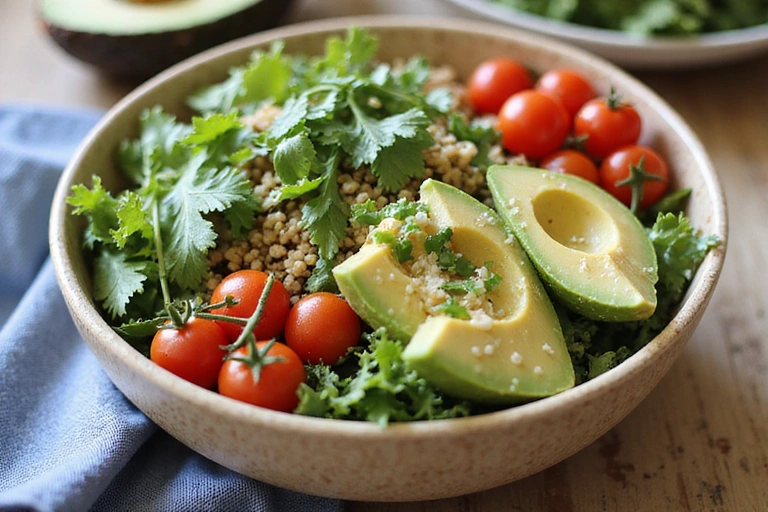 Mísa plná čerstvého salátu s avokádem a quinoou, symbol zdravého stravování.