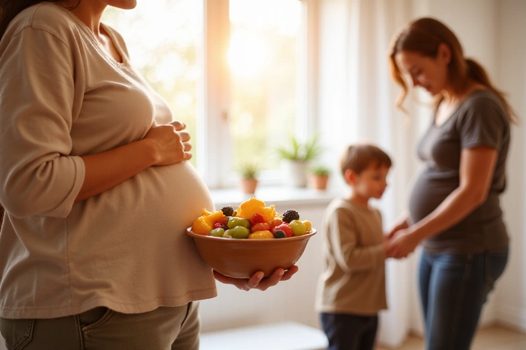 Šťastná těhotná žena si hladí bříško, drží misku s ovocným salátem, na pozadí šťastná rodina.